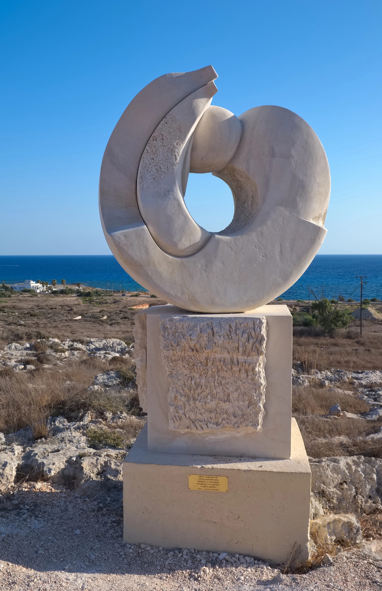 Stone sculpture 'Memory of the Wind' overlooking the Cyprus coastline